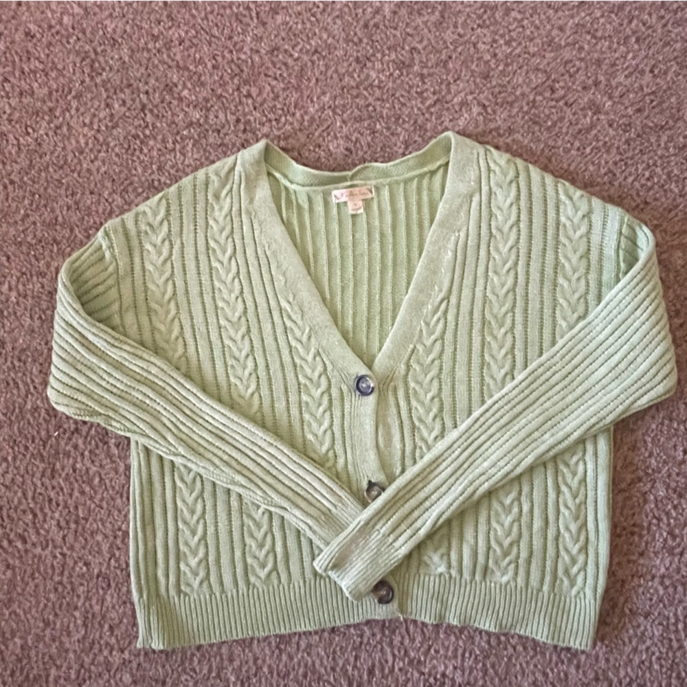 IT’S OUR TIME Long Sleeve Lime Green Cardigan Brown Buttons Size XL